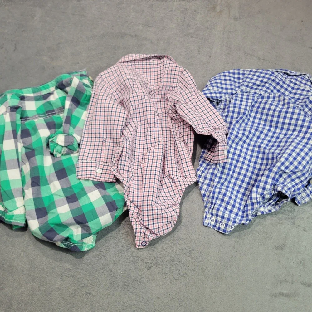 OshKosh Bodysuit Lot Boys 18M Blue Pink‎ Green Plaid Gingham Button Down 3pc Set